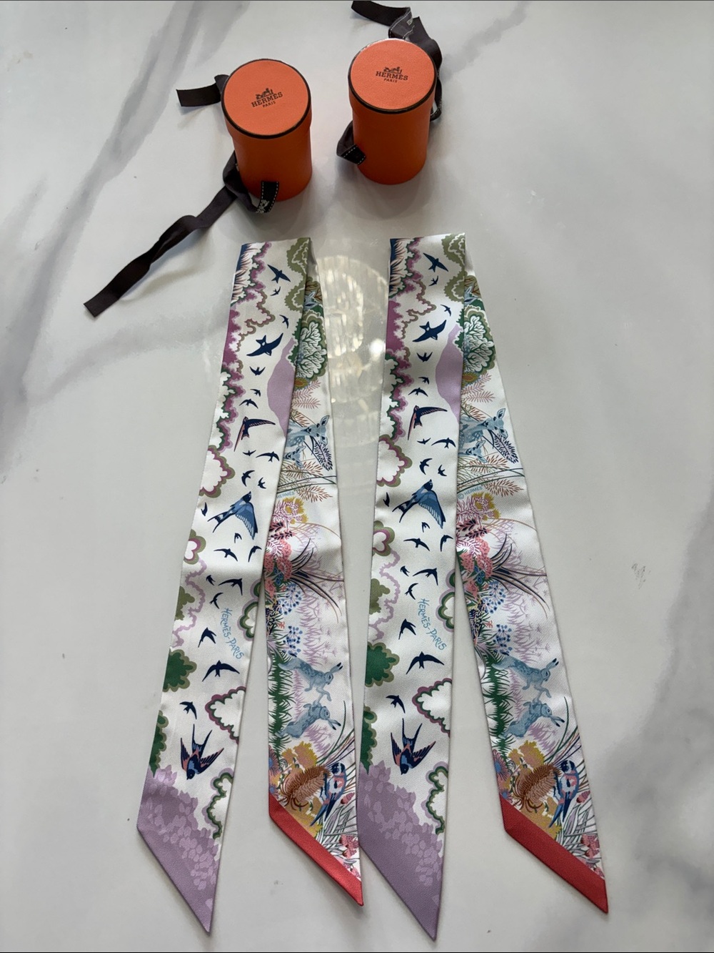 Hermes Multicolor Silk Twilly Scarf with Pastel Lilac, Green & Red Accents